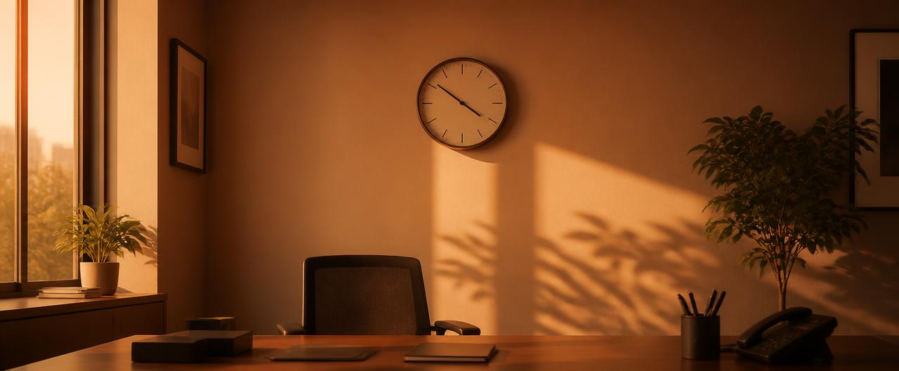 An office wall clock above an empty desk in late afternoon light