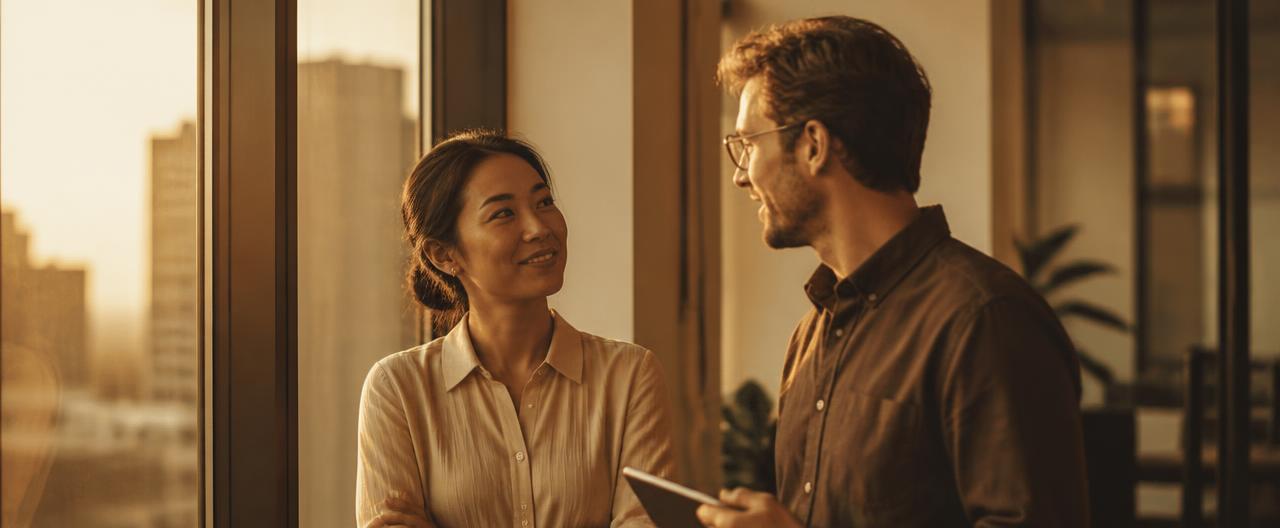Two colleagues in a warm candid exchange beside a sunlit office window
